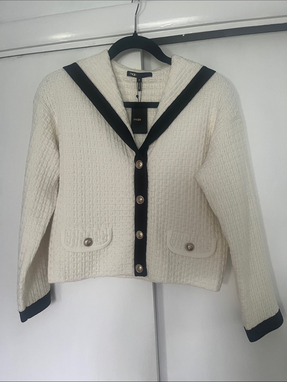 Maje Cream Knit Cardigan with Black Trim and Gold Buttons